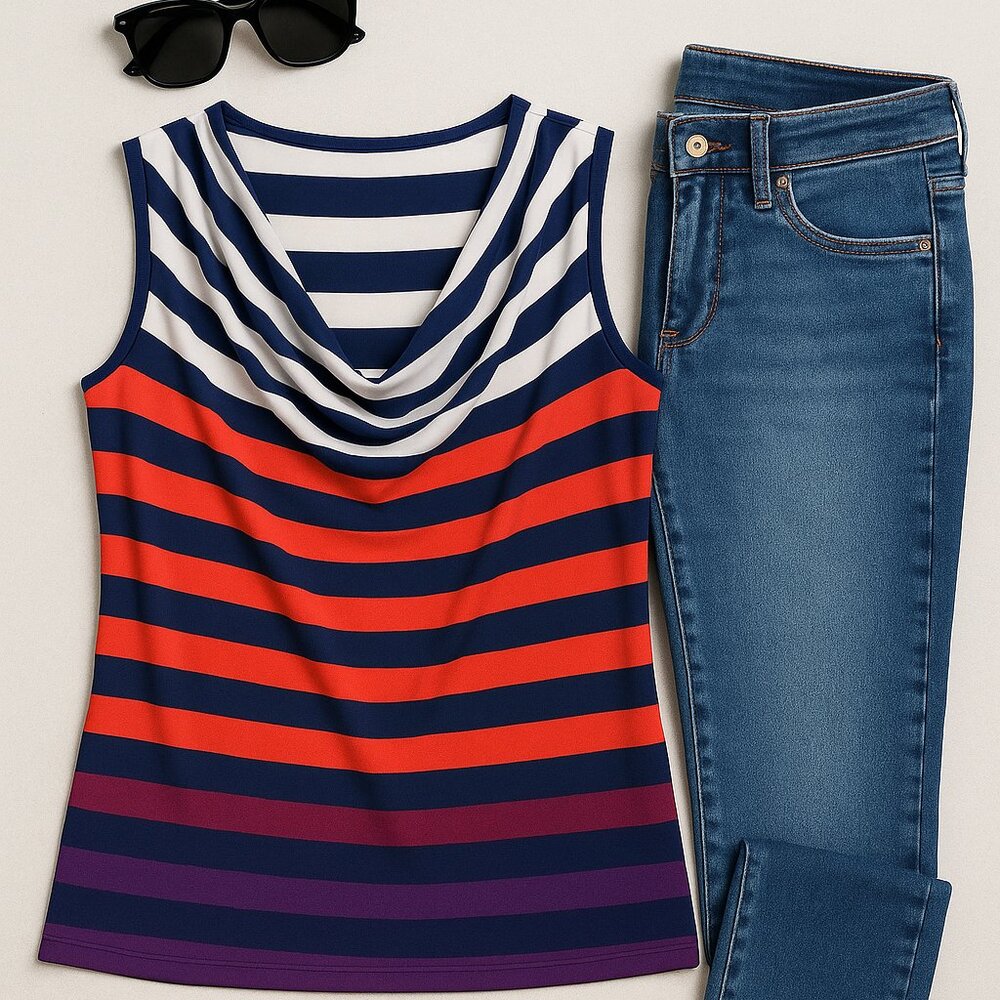 Vintage Calvin Klein Womens Striped Top, Cowl Neck Blouse, Striped Top